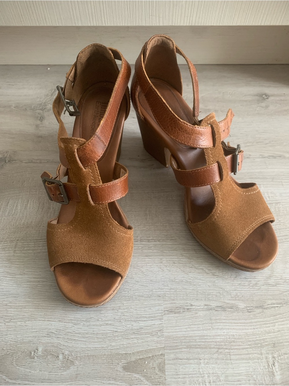 Timberland Tan Suede Wedge Sandals with Buckle Straps